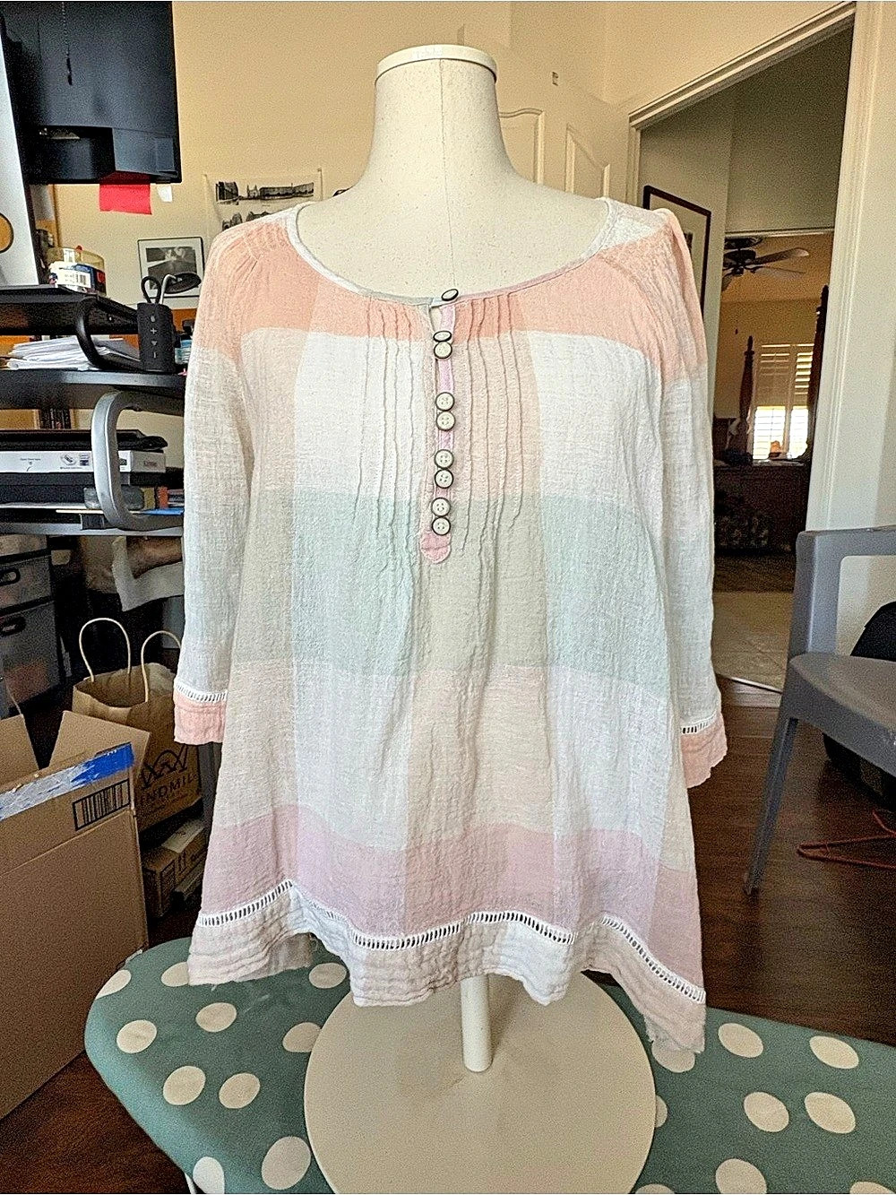 Indonesian Color Block Button Front BohoTunic in Pink & White